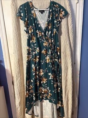 Green Floral High-Low Wrap Dress